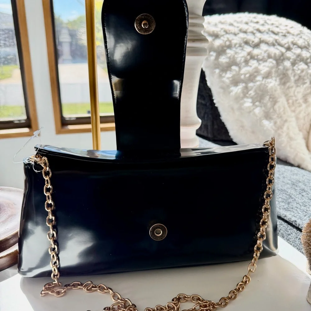 JUICY COUTURE Overstated Black Patent Flap Clutch with Gold Chain and Logo - Picture 9 of 14